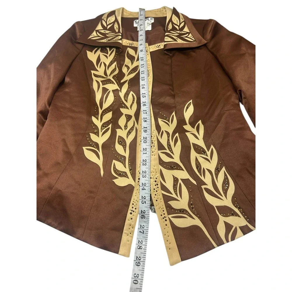 Sample Brown Satin Leaf Applique Rhinestone Blazer Jacket Size 6‎ Bronze Cream